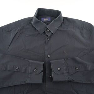 Cavalli Class Button Up Shirt Mens XL Black Solid Embroidered Logo OXT701 CE001